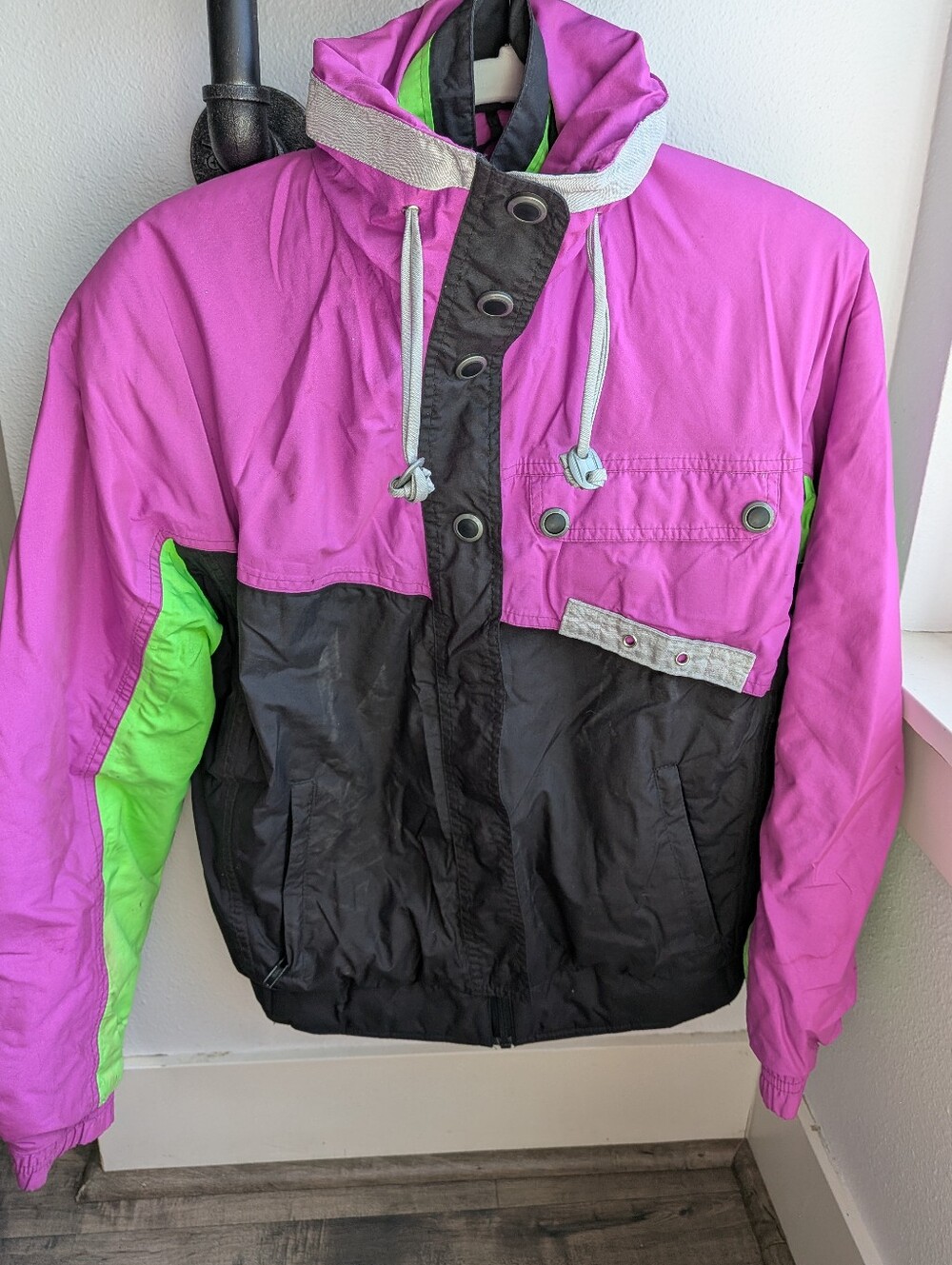 Retro Roffe Skiwear Neon Colorblock Puffer Ski Jacket Made in USA Vintage
